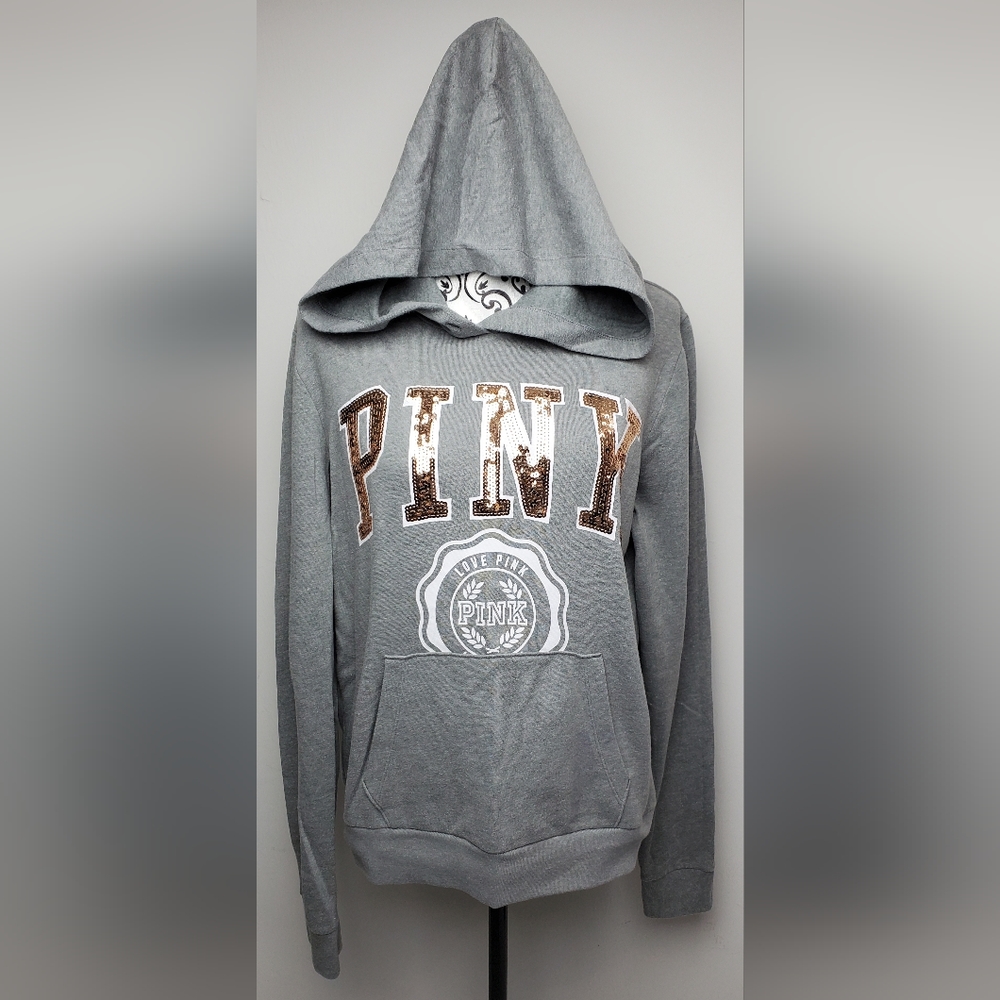 Victoria's Secret Pink Pull Over Hoodie Gray/White/Gold Bling M